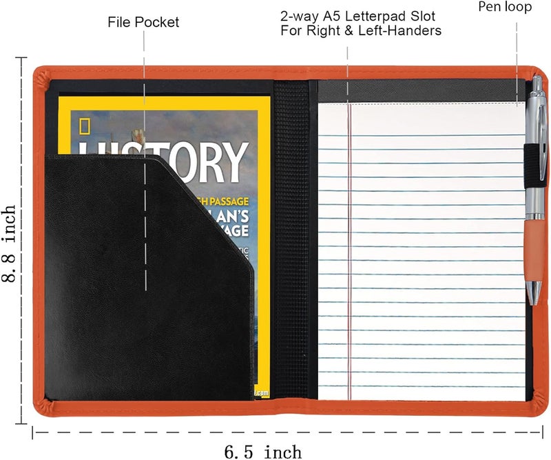 Gorbado Padfolio/Portfolio Binder, Mini Padfolio Portfolio Binder 5 x 8 Legal Writing Pad, A5 Document Organizer Folder for Men Women, Orange - Image 3